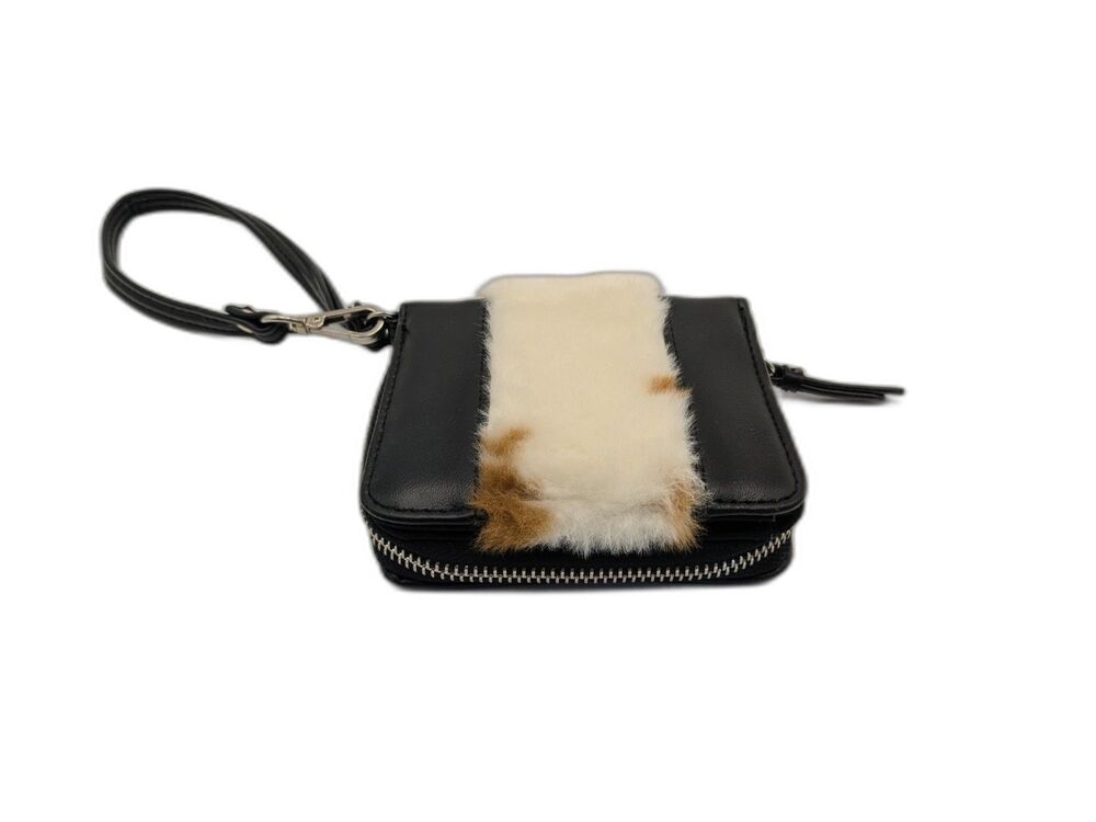 Cow Print Faux Fur Wristlet Wallet Black Brown Western Cowgirl Zip Around
